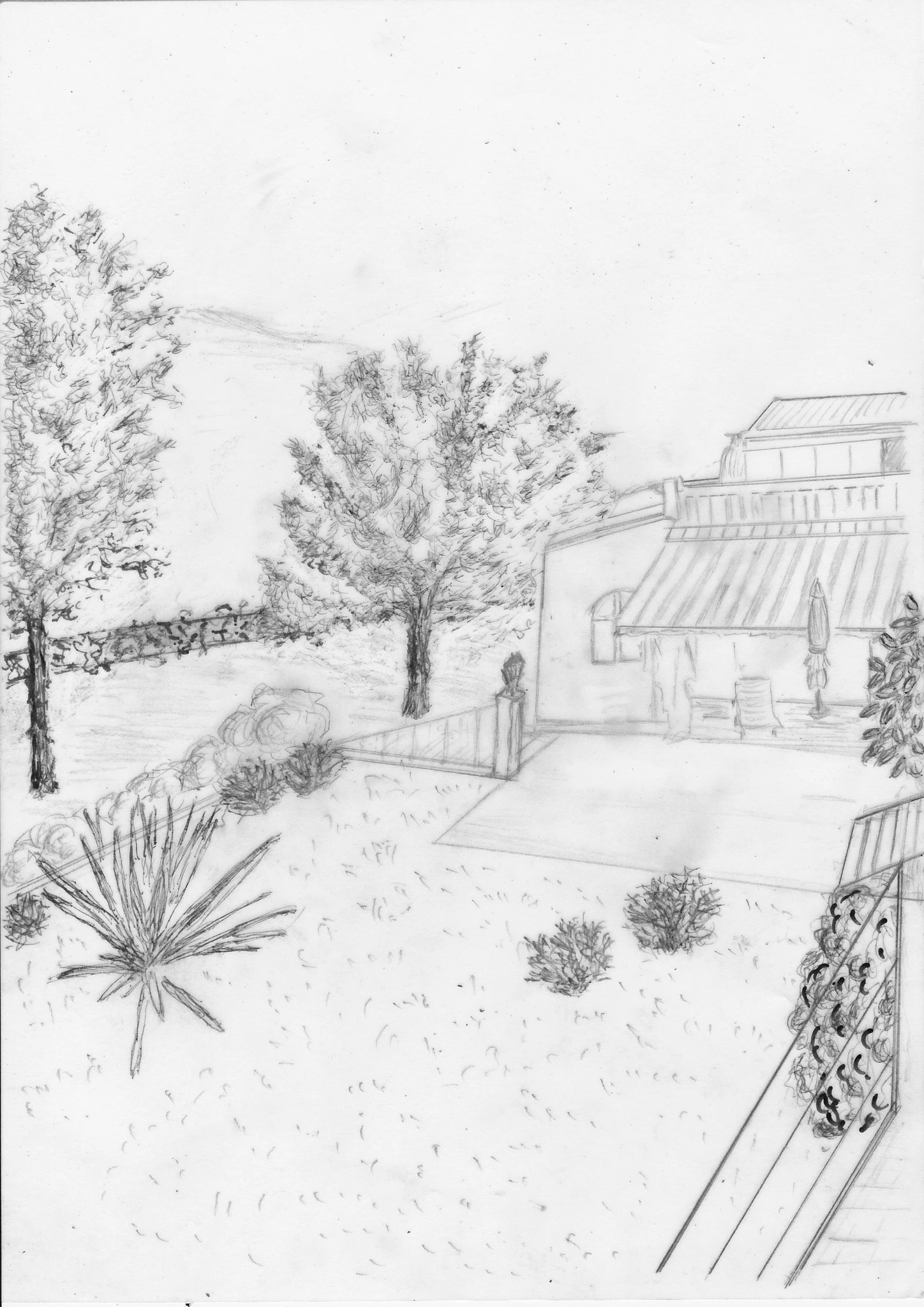 Freehand concept sketch of the redesigned Calpe garden — pool and terrace detail.